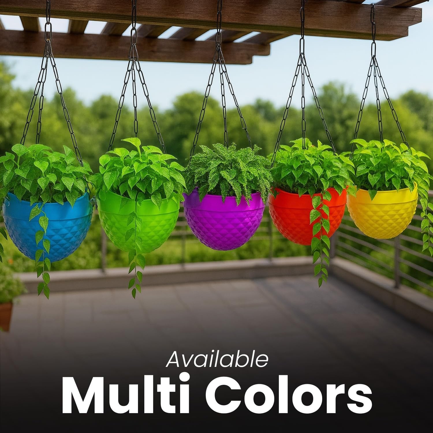 GoHooked blue, green, purple, red, and yellow plastic hanging planters with metal chains, featuring a crystal-like texture.