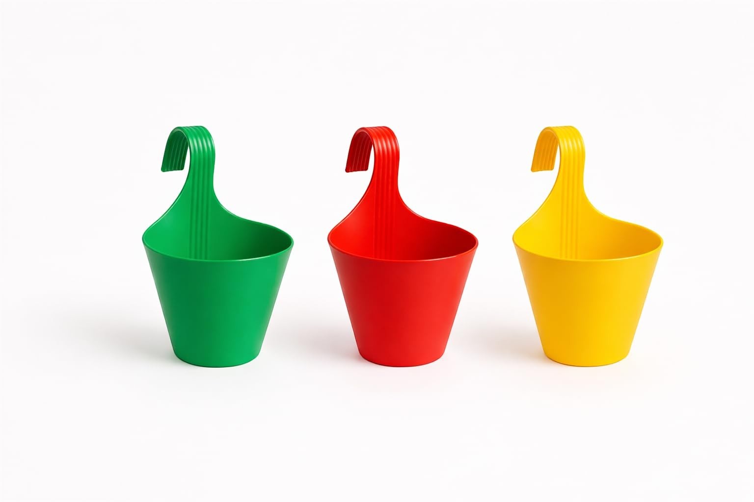 GoHooked set of 3 plastic hanging planters in green, red, and yellow. Features a double hook for railings and fences.