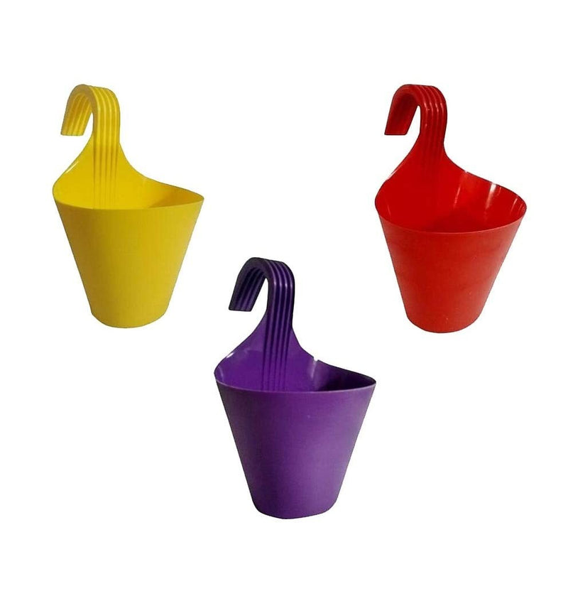Set of 3 GoHooked plastic hanging planters in yellow, red, and purple. Ideal for railings and balconies.