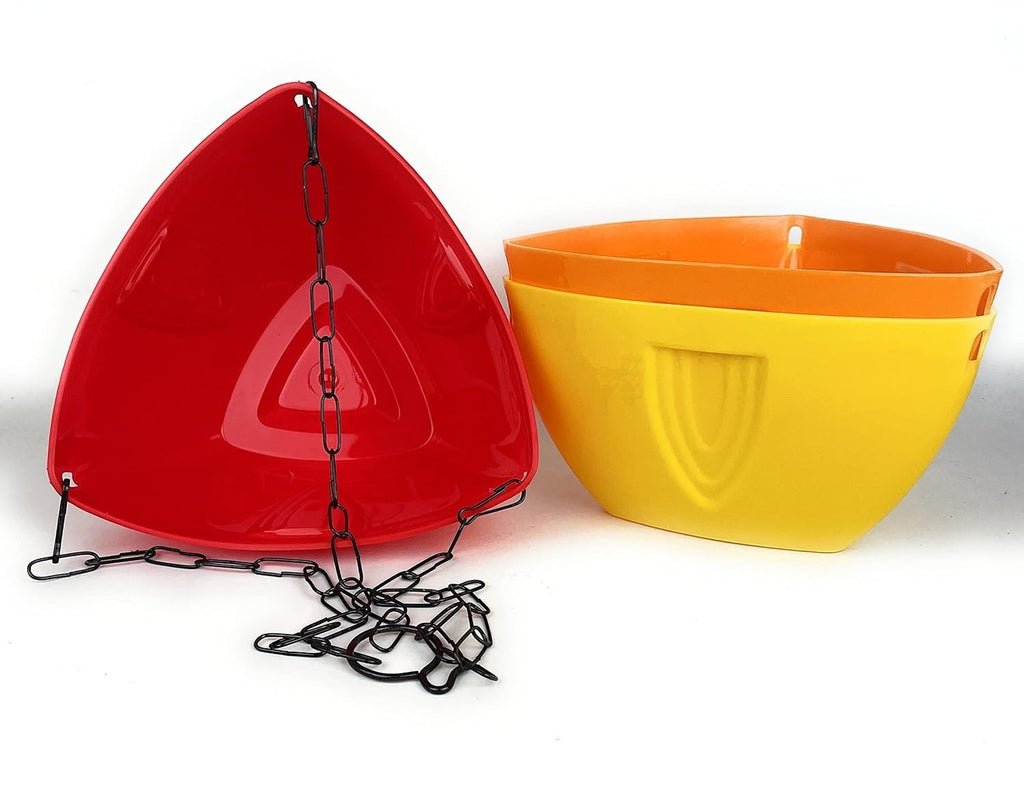 GoHooked set of 3 multicolor plastic hanging planters with chains. Red, yellow, and orange pots.