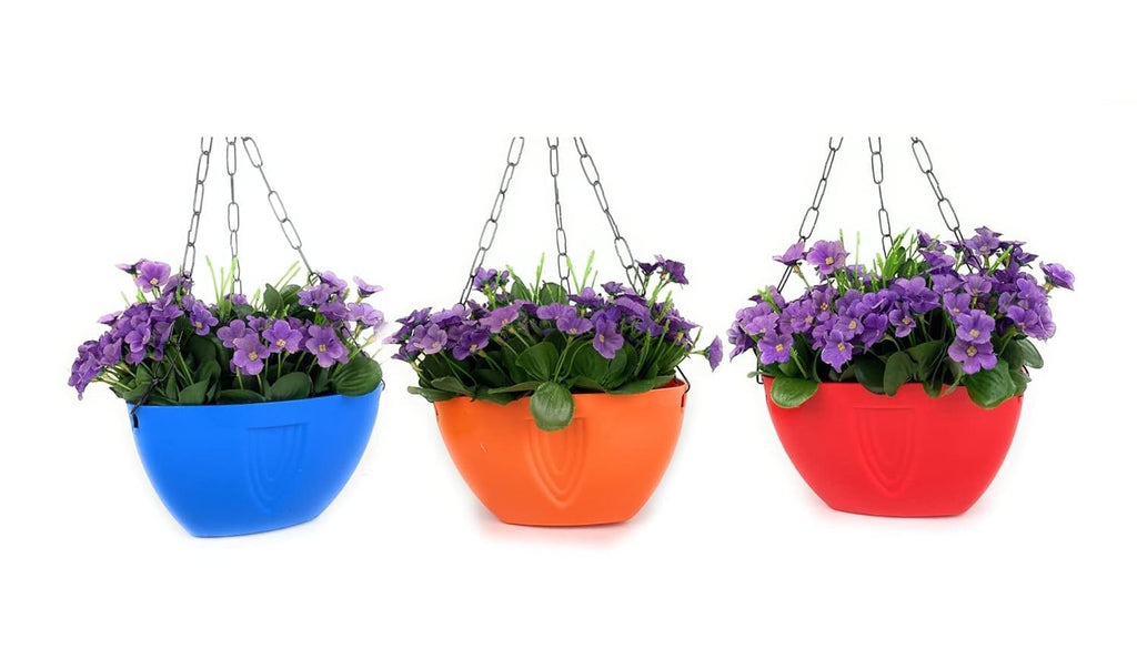 GoHooked set of 3 multicolor plastic hanging planters with purple flowers and metal chains