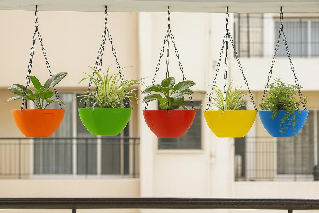 GoHooked set of 5 multicolor plastic hanging planters with chains, ideal for indoor/outdoor use.