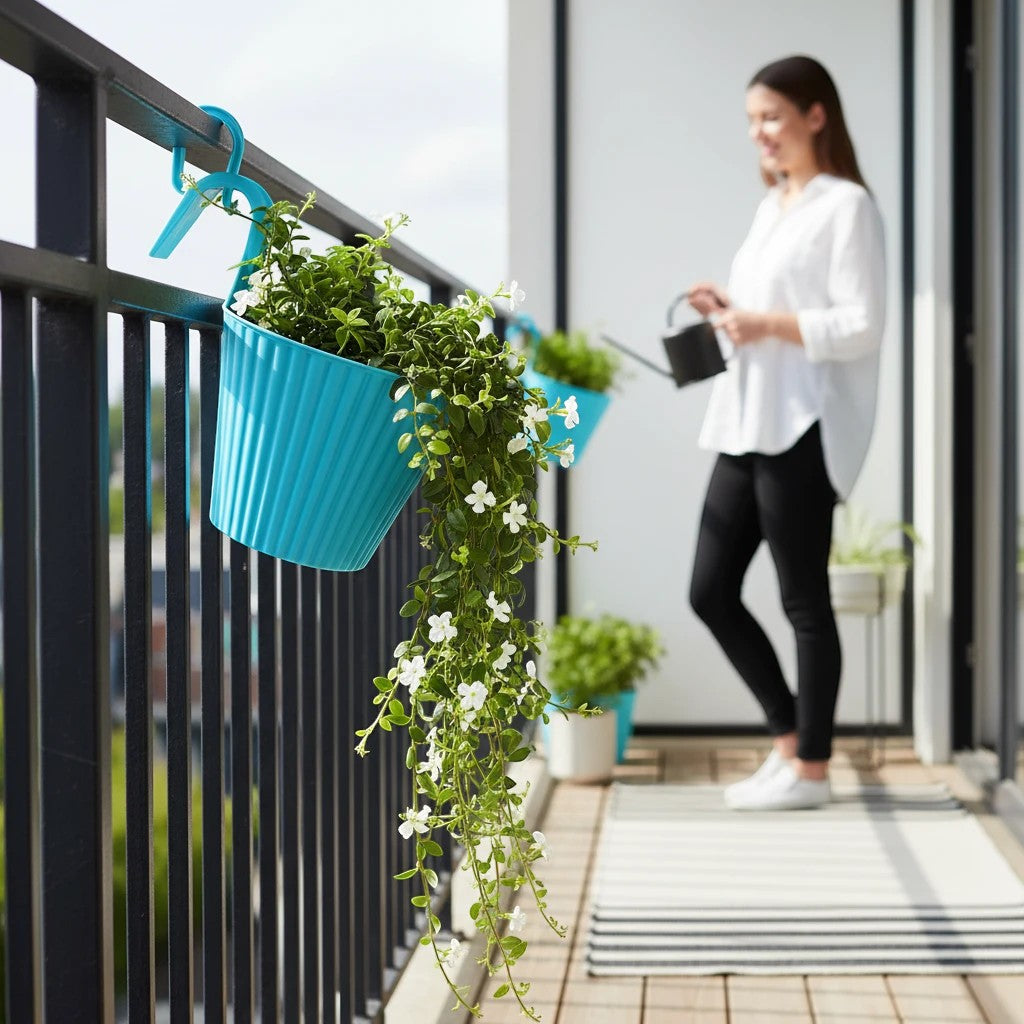 GoHooked multicolour plastic hanging planters with double hooks, set of 3, ideal for balconies.