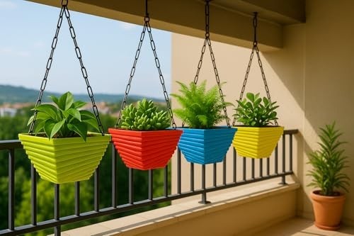 GoHooked Multicolour plastic hanging planters with a twister design, ideal for balcony gardens. Set of 6.