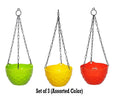 GoHooked Set of 3 assorted color diamond pattern plastic hanging planters with chains. Green, yellow, and red pots.