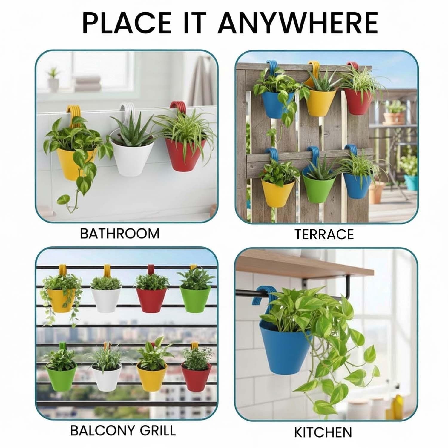 GoHooked set of 4 multicolour plastic hanging planters with double hooks for balconies, railings, and patios.