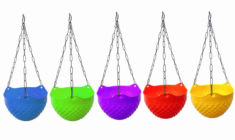 GoHooked set of 5 assorted color plastic hanging crystal planters with diamond pattern and metal chains.