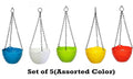 GoHooked set of 5 assorted color plastic hanging planters with diamond pattern and chains. Ideal for indoor/outdoor use.