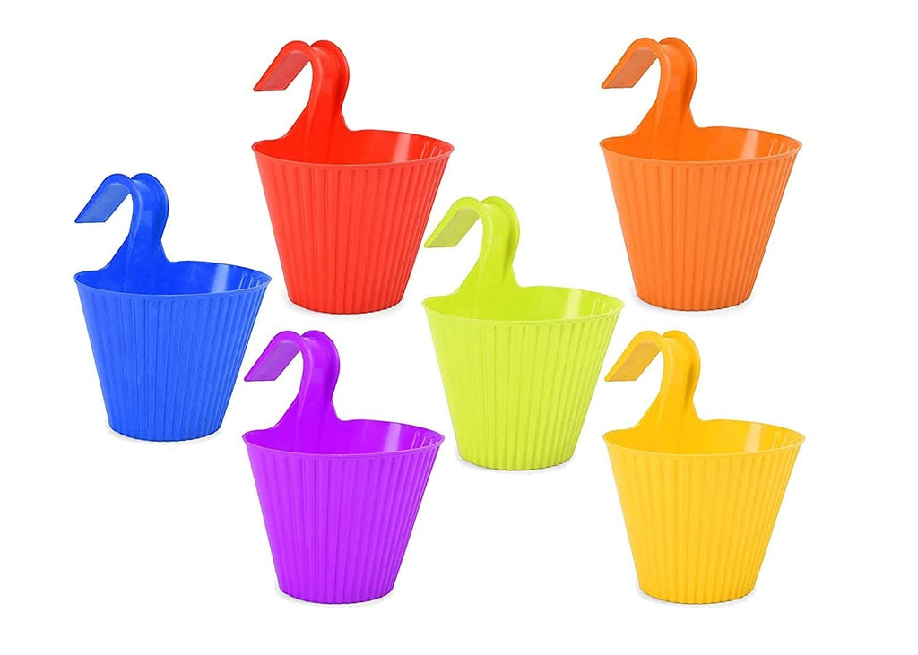 GoHooked set of 6 assorted color plastic hanging planters with double hooks for balcony or garden use.