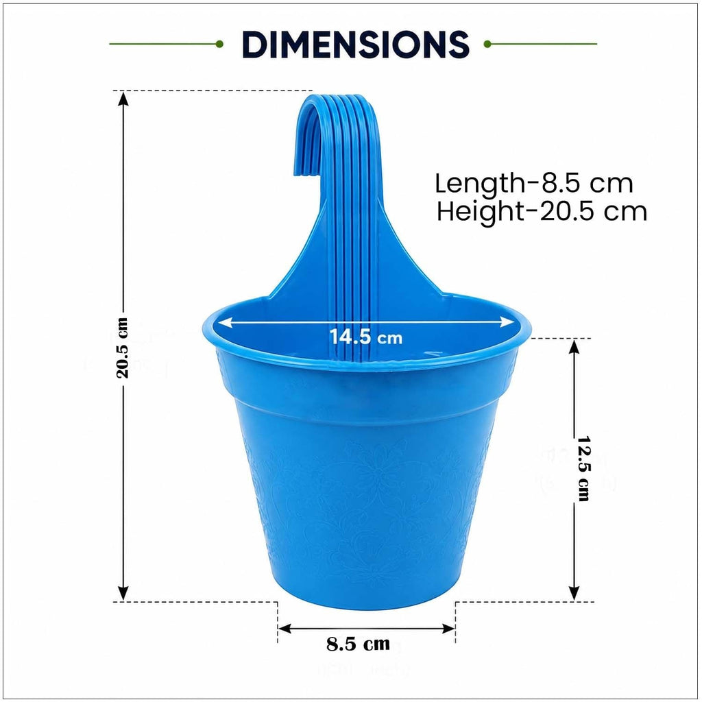 GoHooked blue plastic hanging pot with hook, 20.5cm height, 14.5cm diameter, ideal for balconies.
