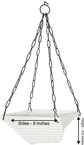 GoHooked white plastic twister hanging pot, 9x9x4.5 inches, with metal chain for balcony or garden plants.