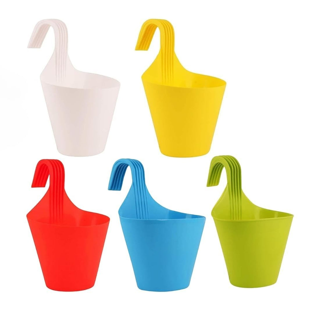 GoHooked assorted color plastic hanging pots, 5.25x6 inch, set of 5. Ideal for balcony, garden, patio, indoor/outdoor use.