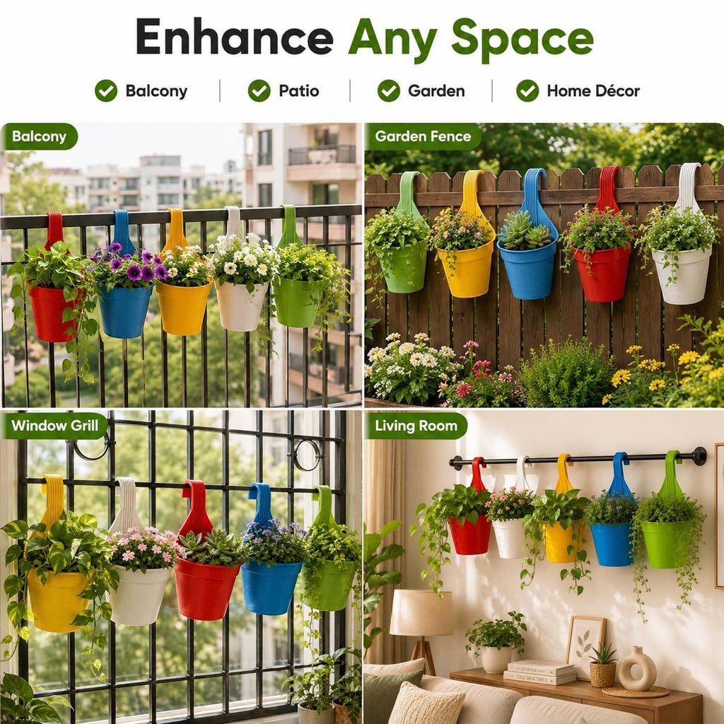 Go Hooked multicolor plastic hanging pots with hooks, ideal for balconies, patios, and gardens. Pack of 10.