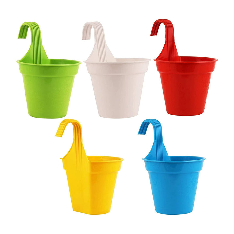 GoHooked pack of 5 multicolor plastic hanging pots with hooks for balconies and gardens. Includes green, white, red, yellow, and blue pots.