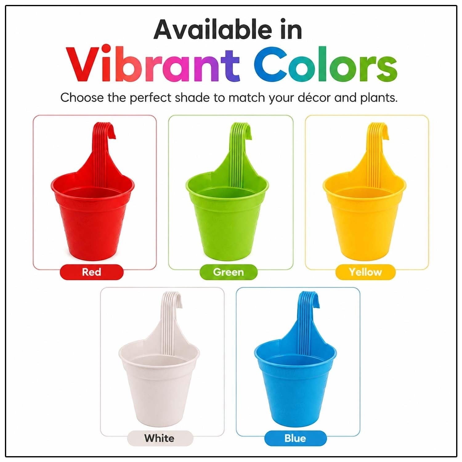 GoHooked pack of 5 multicolor plastic hanging pots with hooks for balconies and gardens.