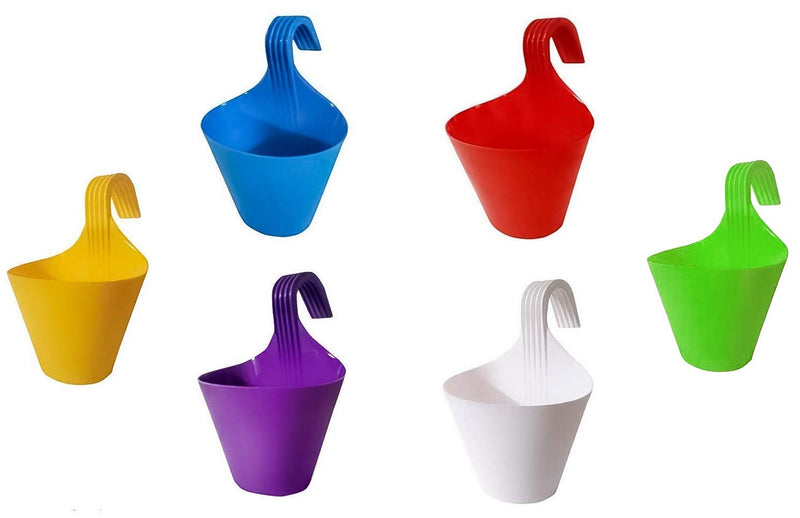 GoHooked assorted color plastic hanging pots, pack of 6. Ideal for flowers, herbs, and plants on patios and balconies.