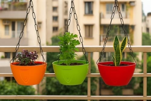 GoHooked set of 3 plastic hanging pots in orange, green, and red, ideal for balconies and patios.