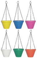 GoHooked multicolour 9-inch round plastic hanging pots with chains, set of 6. Woven texture, ideal for indoor/outdoor use.