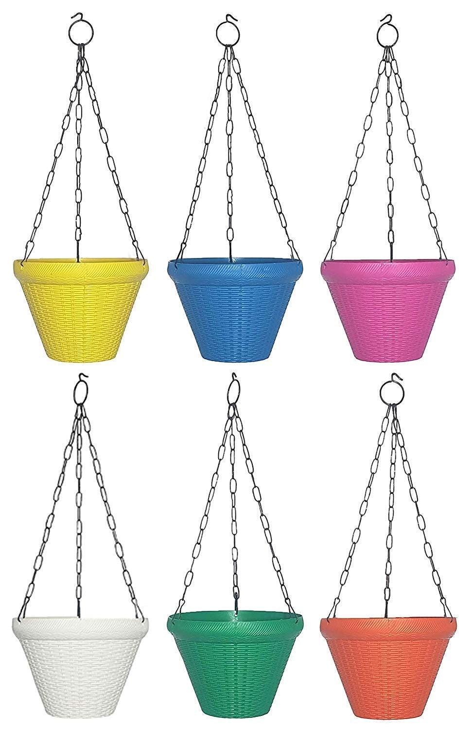 GoHooked multicolour 9-inch round plastic hanging pots with chains, set of 6. Woven texture, ideal for indoor/outdoor use.
