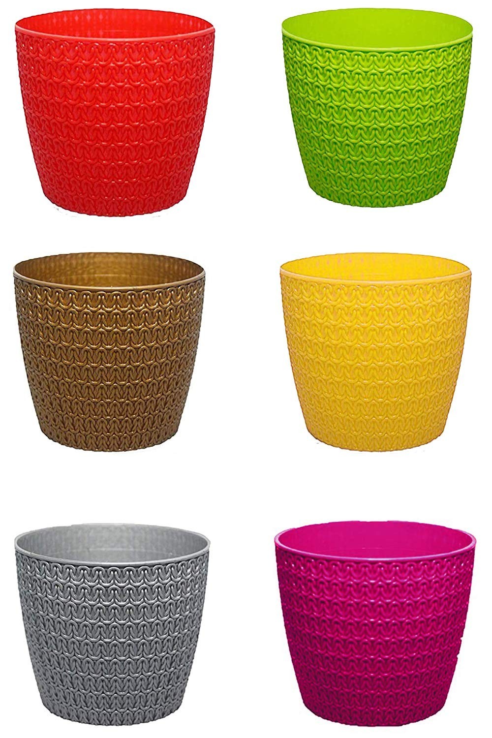 GoHooked set of 3 multicolor plastic jasmine garden planters with a textured knit pattern. 20.5x15 cm.