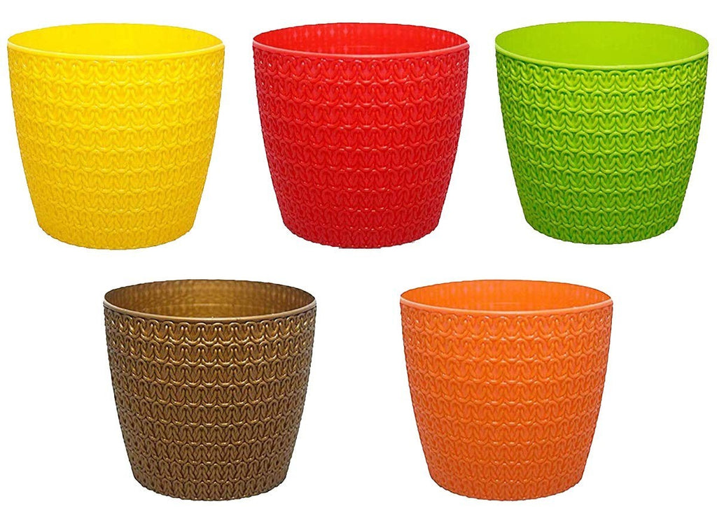 GoHooked set of 3 multicolor plastic jasmine garden planters with a textured knit pattern. Includes yellow, red, green, brown, and orange pots.