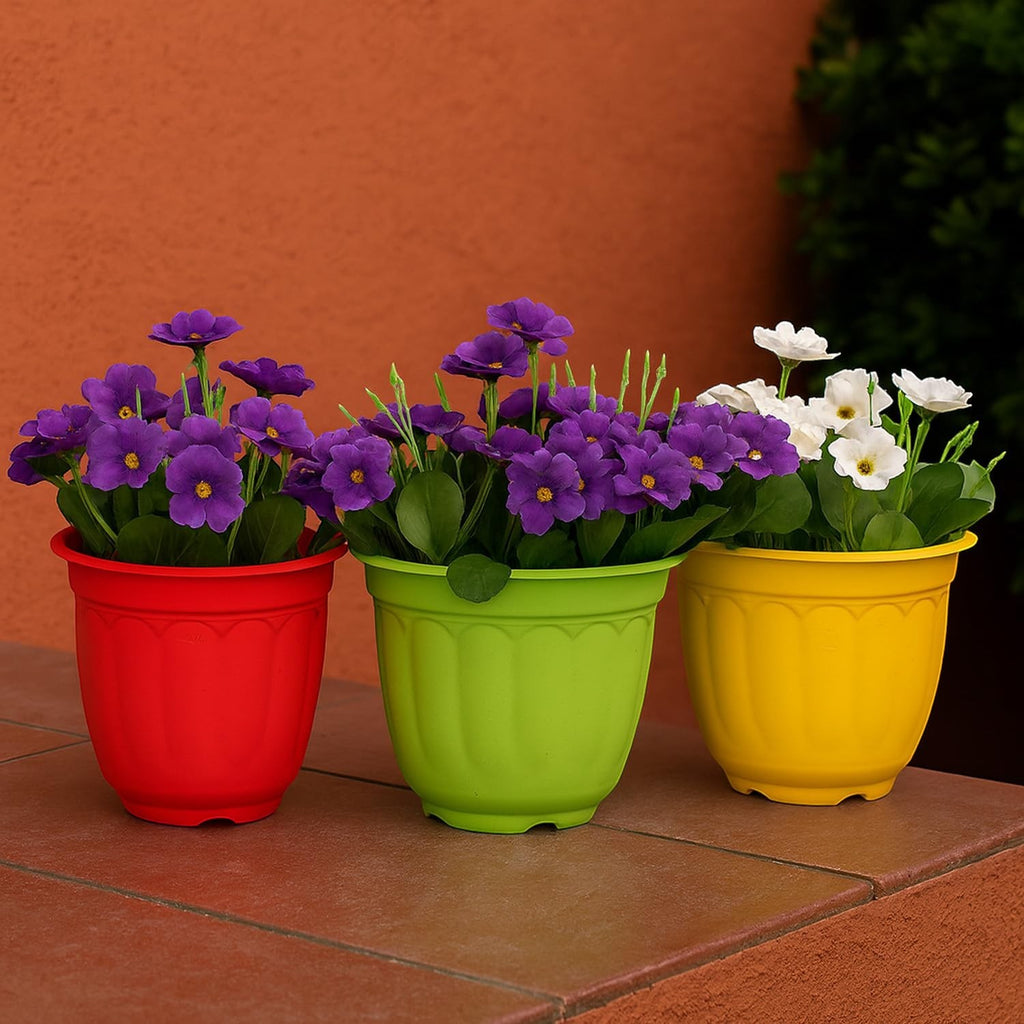 GoHooked set of 3 multicolor plastic jasmine garden planters with purple and white flowers.