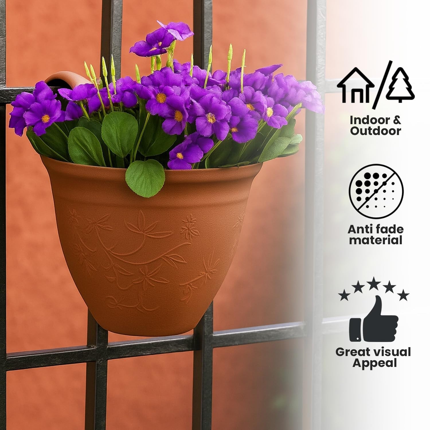 GoHooked brown plastic planter with embossed floral design, holding purple flowers, designed for balcony railings.