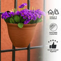 GoHooked brown unbreakable plastic planter with purple flowers, ideal for balcony railings and home gardening.