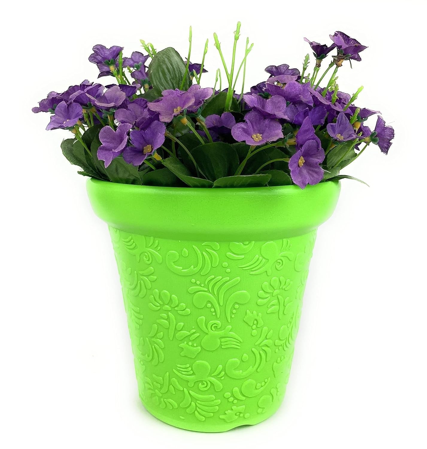 GoHooked lime green plastic planter pot with embossed floral pattern, holding purple artificial flowers.