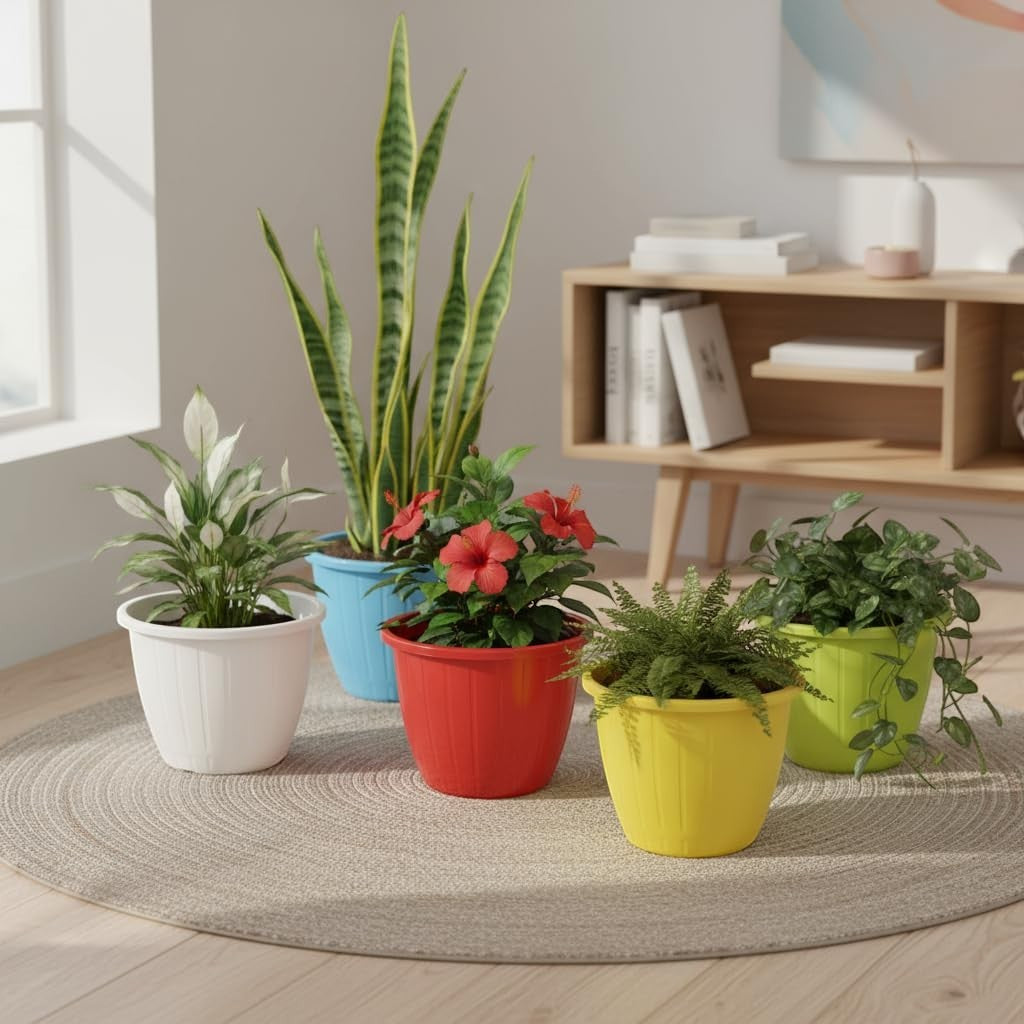 Go Hooked 10-inch multicolor plastic planters with ribbed design, perfect for indoor or outdoor gardening.