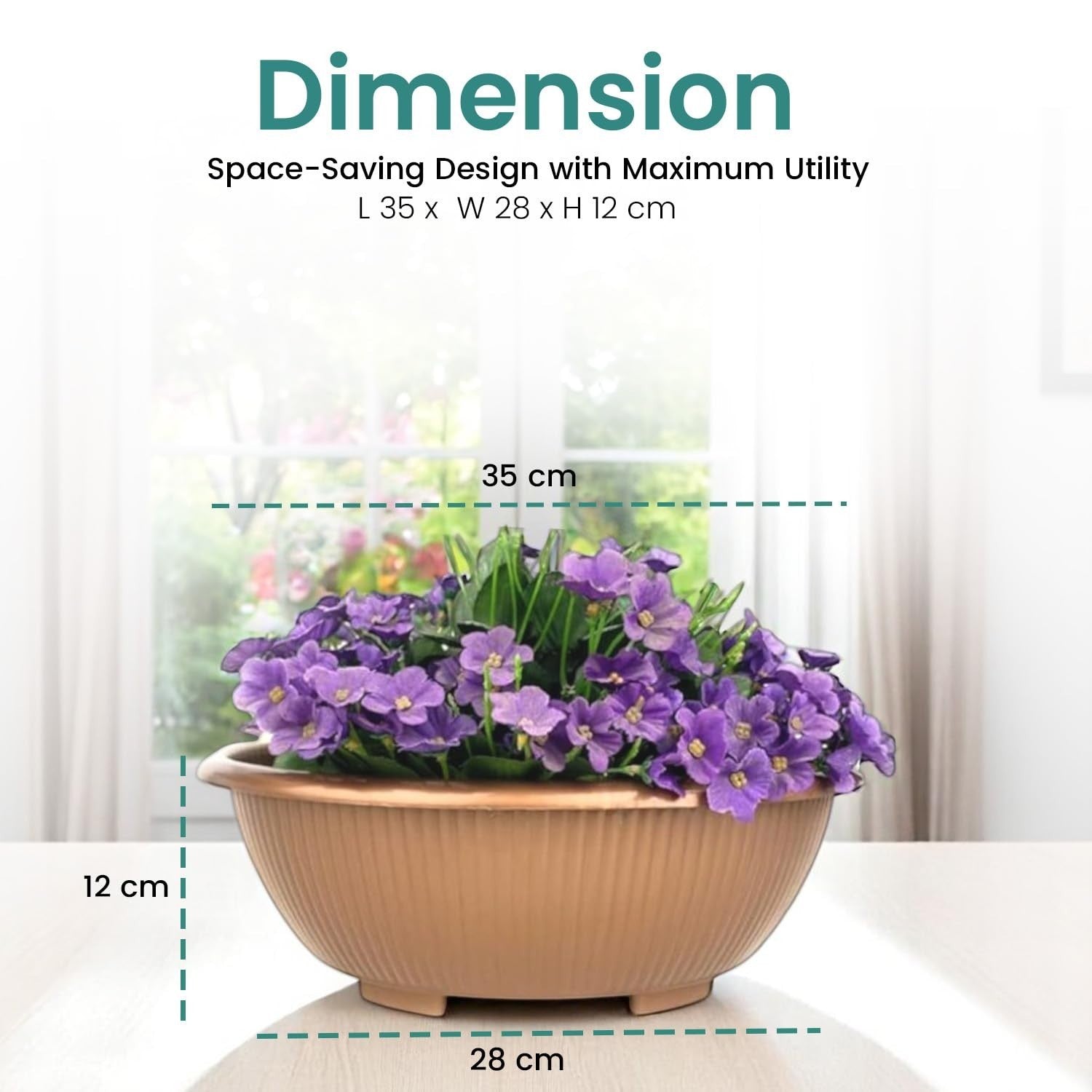 Go Hooked multicolor plastic planter pot with purple flowers, 13.7 inch bonsai pot with modern ribbed design.