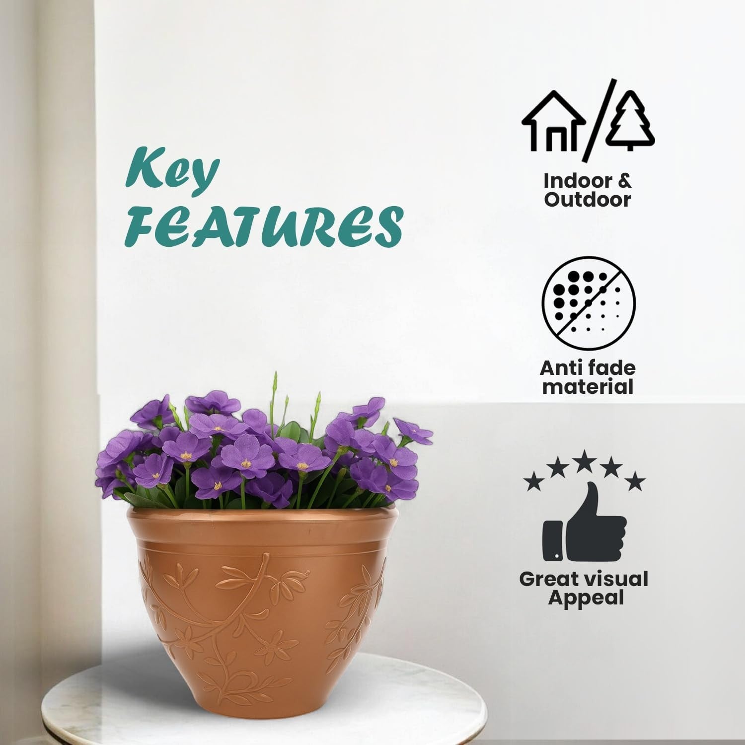 GoHooked multicolor plastic planter pot with embossed floral design, 8-inch size, suitable for indoor/outdoor use.