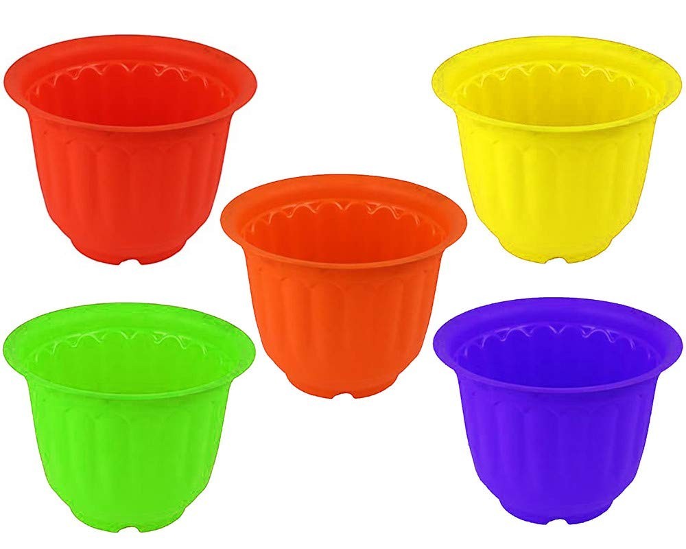GoHooked set of 5 colorful plastic planter pots in red, orange, yellow, green, and purple. Lightweight and durable.