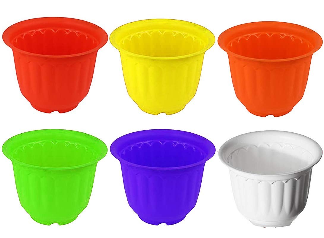 GoHooked set of 6 colorful plastic planters: red, yellow, orange, green, purple, and white. Lightweight, durable, and decorative.