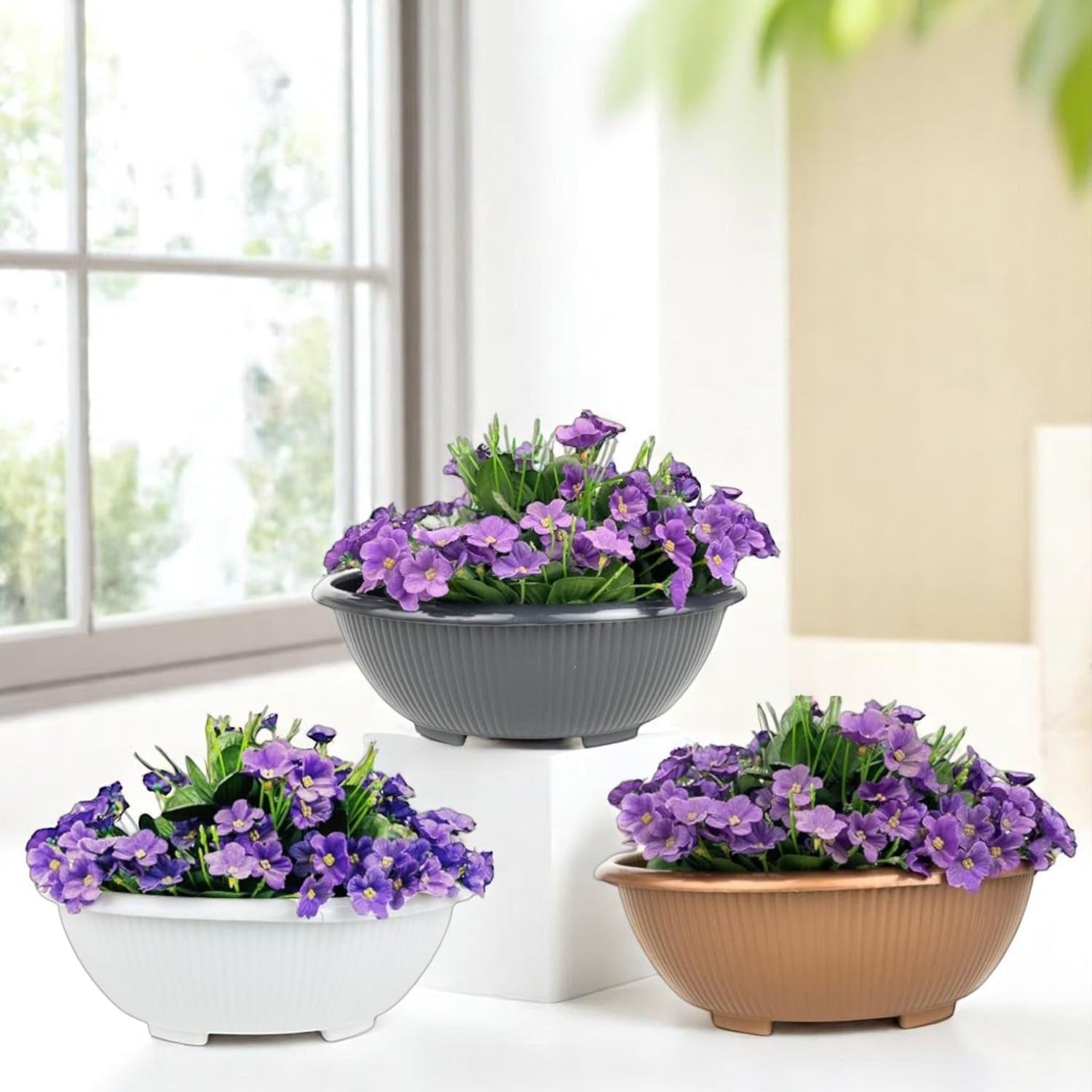 GoHooked set of 2 multicolor plastic planter pots with purple flowers. Modern Oslo design, 5.5 inch.