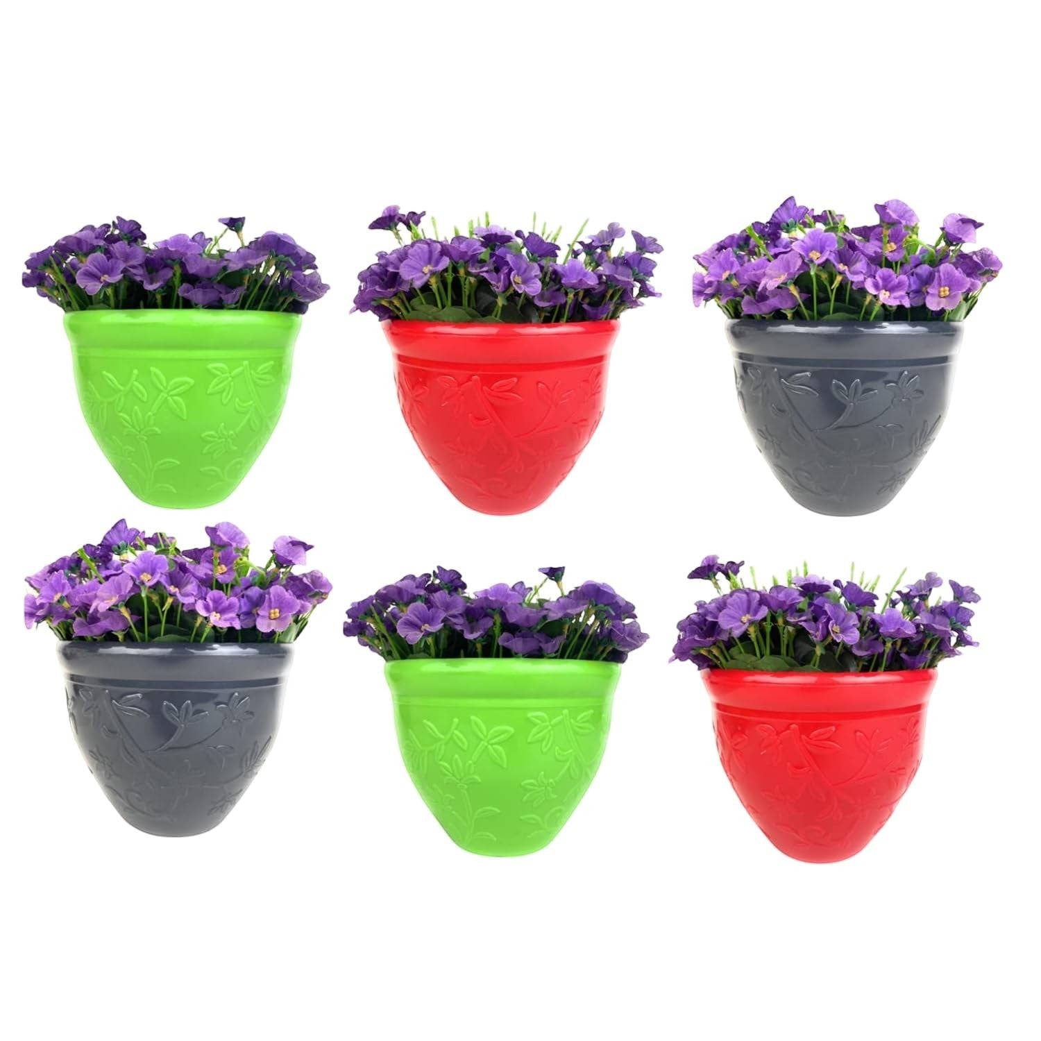 GoHooked set of 2 multicolor plastic planter pots with embossed floral design, 5.5 inch Oslo style for indoor/outdoor plants.
