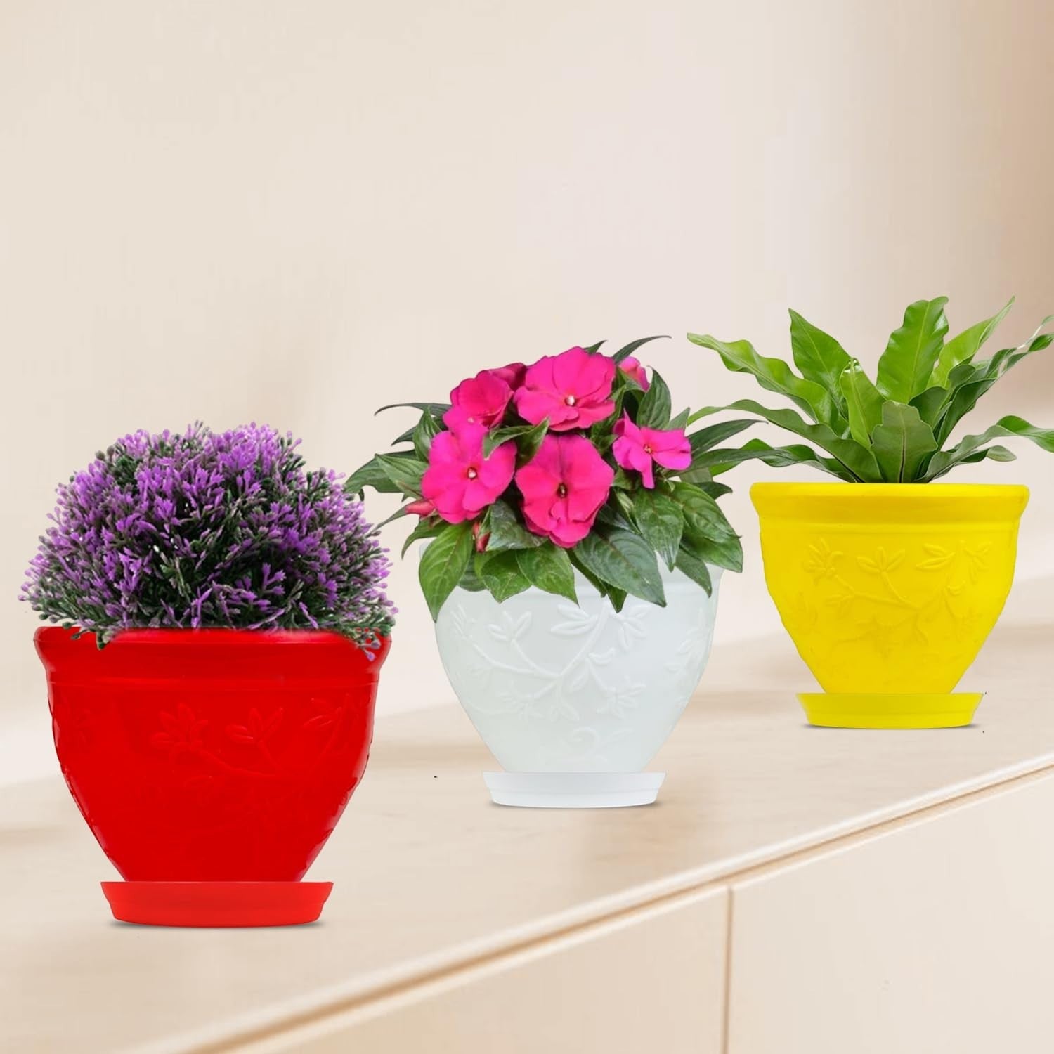 GoHooked set of 6 multicolor plastic planter pots with saucers, 6-inch Victor design for indoor/outdoor plants.