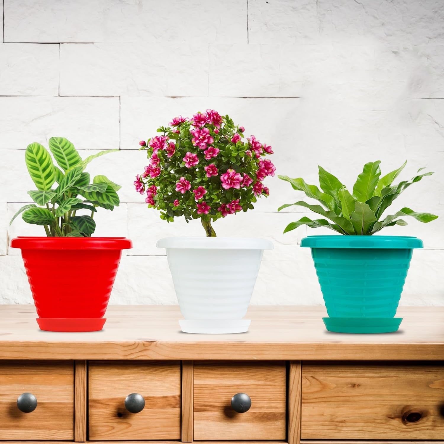 GoHooked set of 6 multicolor plastic planter pots with saucers, modern design, 6 inch Zenith pots for indoor/outdoor plants.