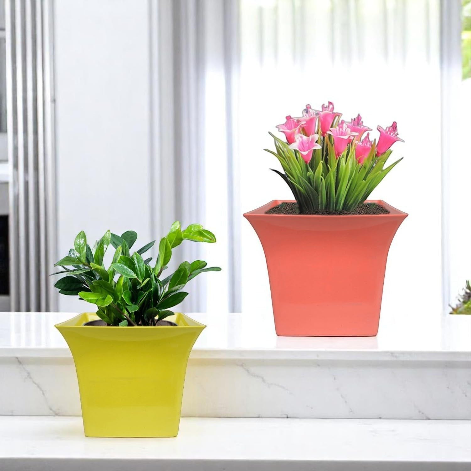 GoHooked set of 5 multicolor square plastic planter pots, 6.5 inch, modern design for indoor/outdoor plants.
