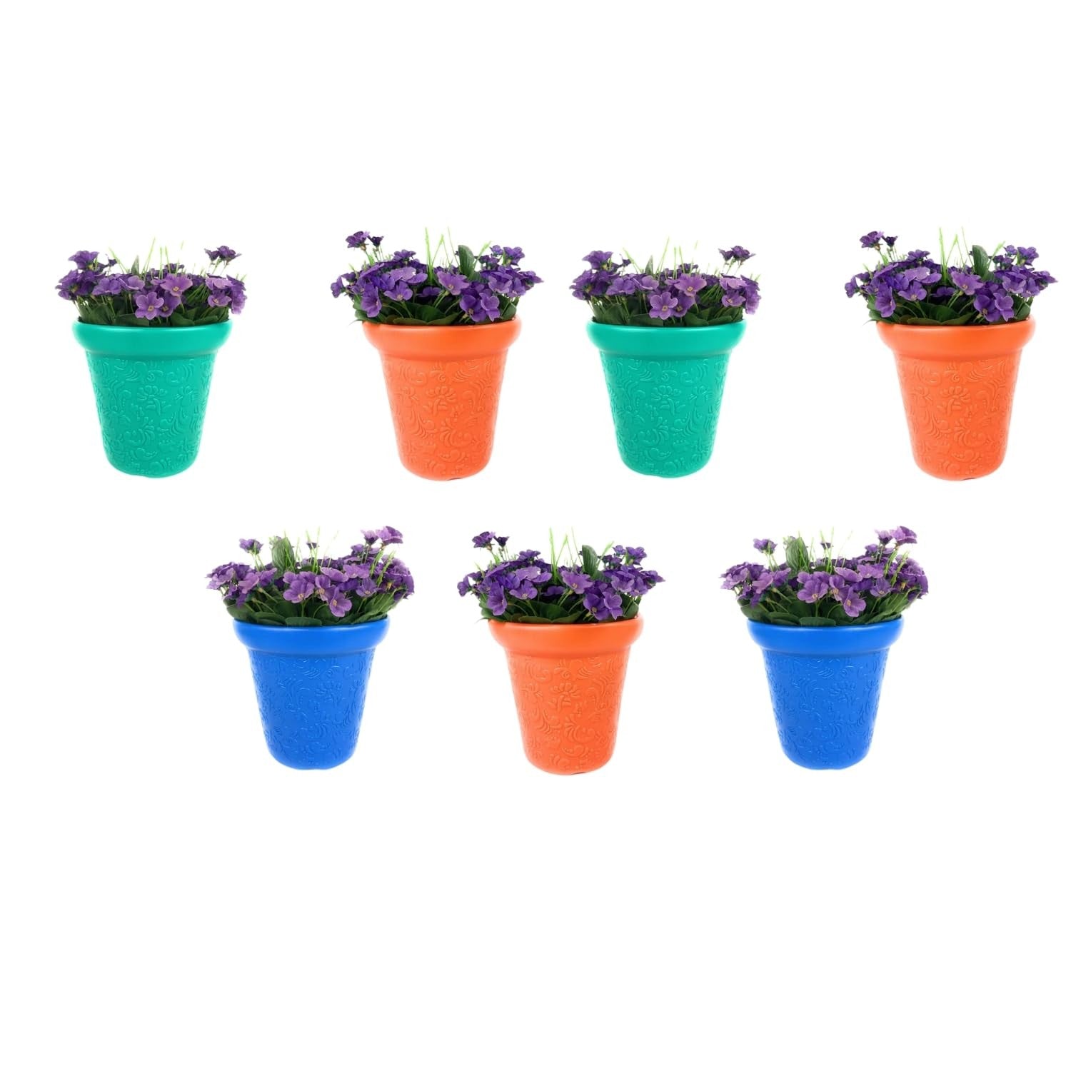 GoHooked set of 2 multicolor plastic planter pots with embossed floral design, 7.5 inch size, perfect for indoor/outdoor plants.