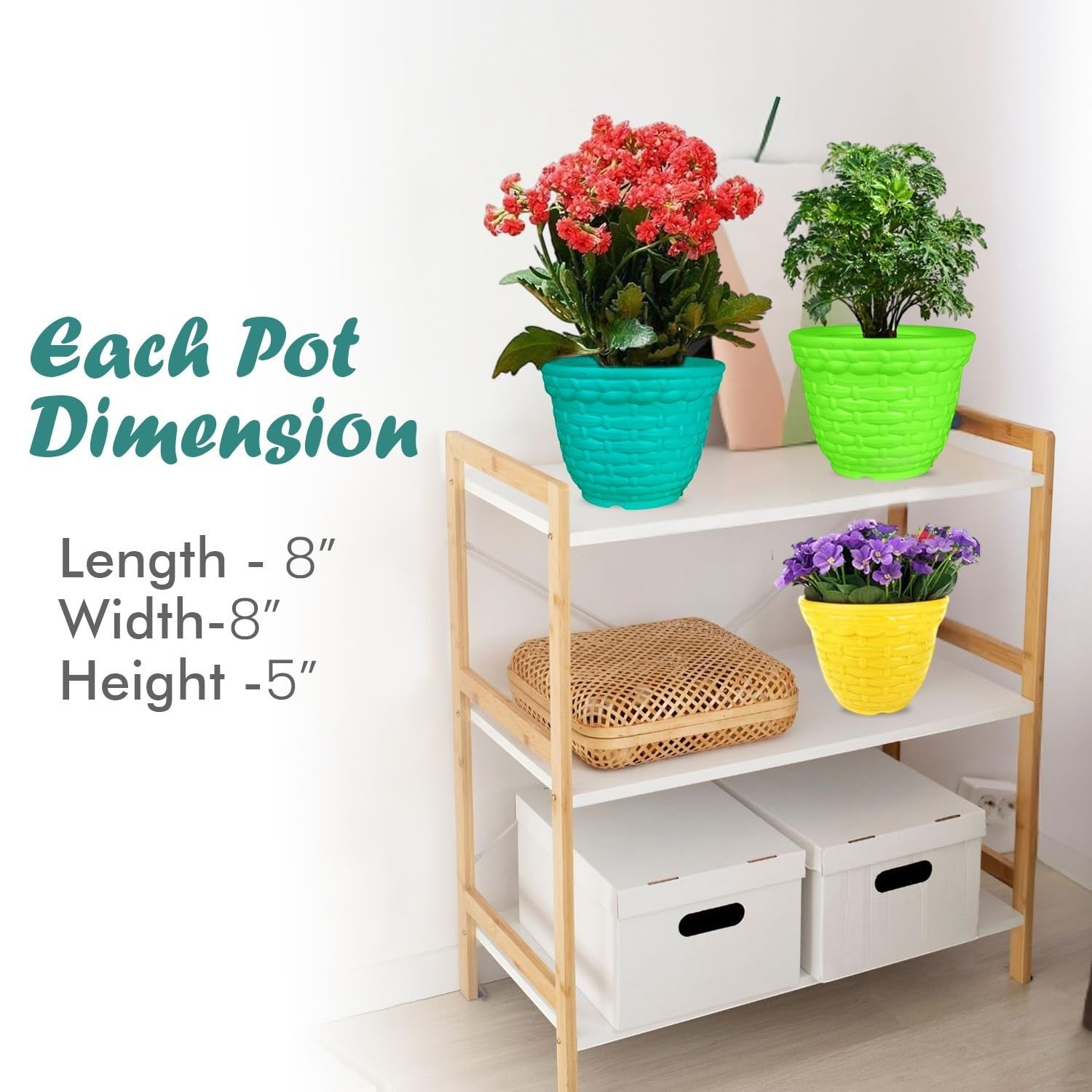 Go Hooked set of 3 multicolor plastic planter pots, 8-inch, modern basket weave design, for indoor/outdoor plants.