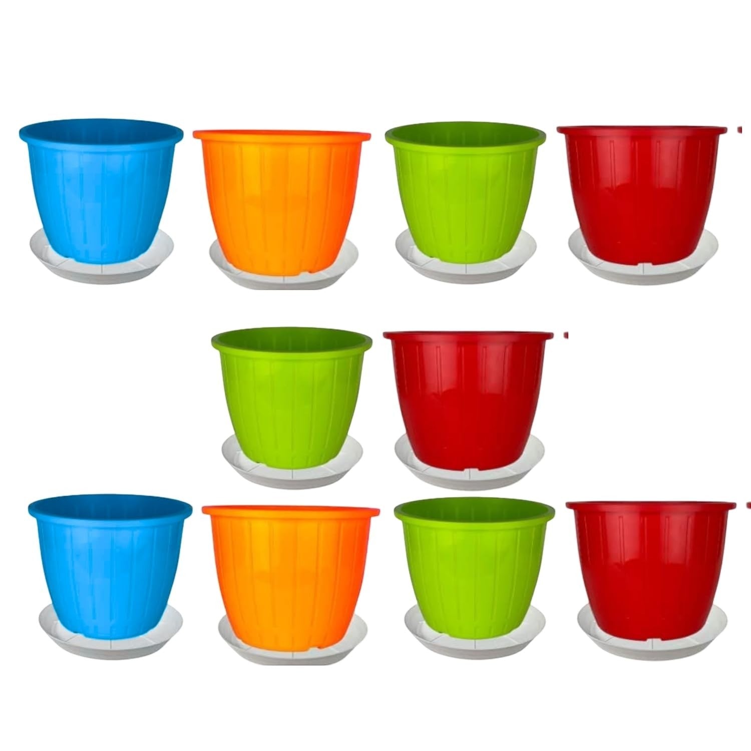 GoHooked set of 10 multicolor plastic planter pots with saucers, 8-inch size, modern ribbed design for indoor/outdoor plants.
