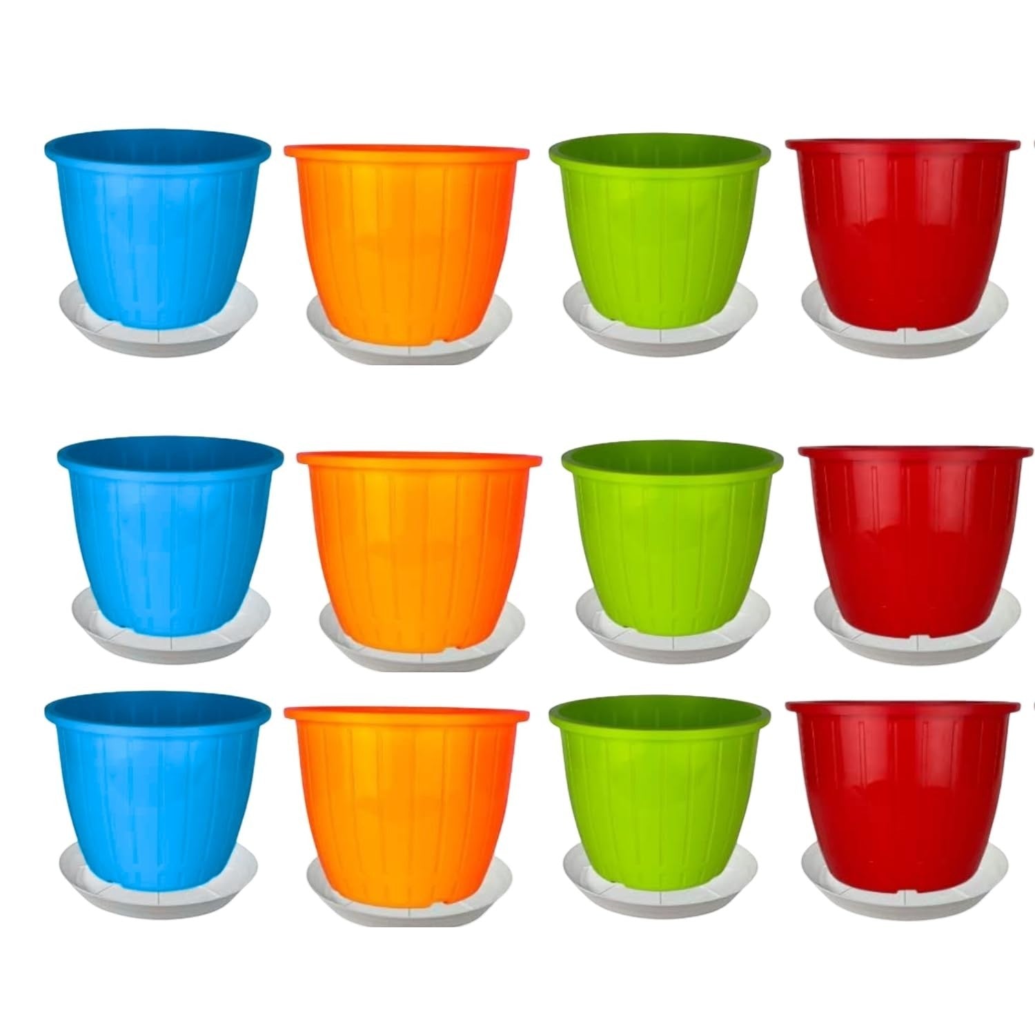 GoHooked set of 12 multicolor plastic planter pots with saucers, 8-inch size, for indoor/outdoor use.