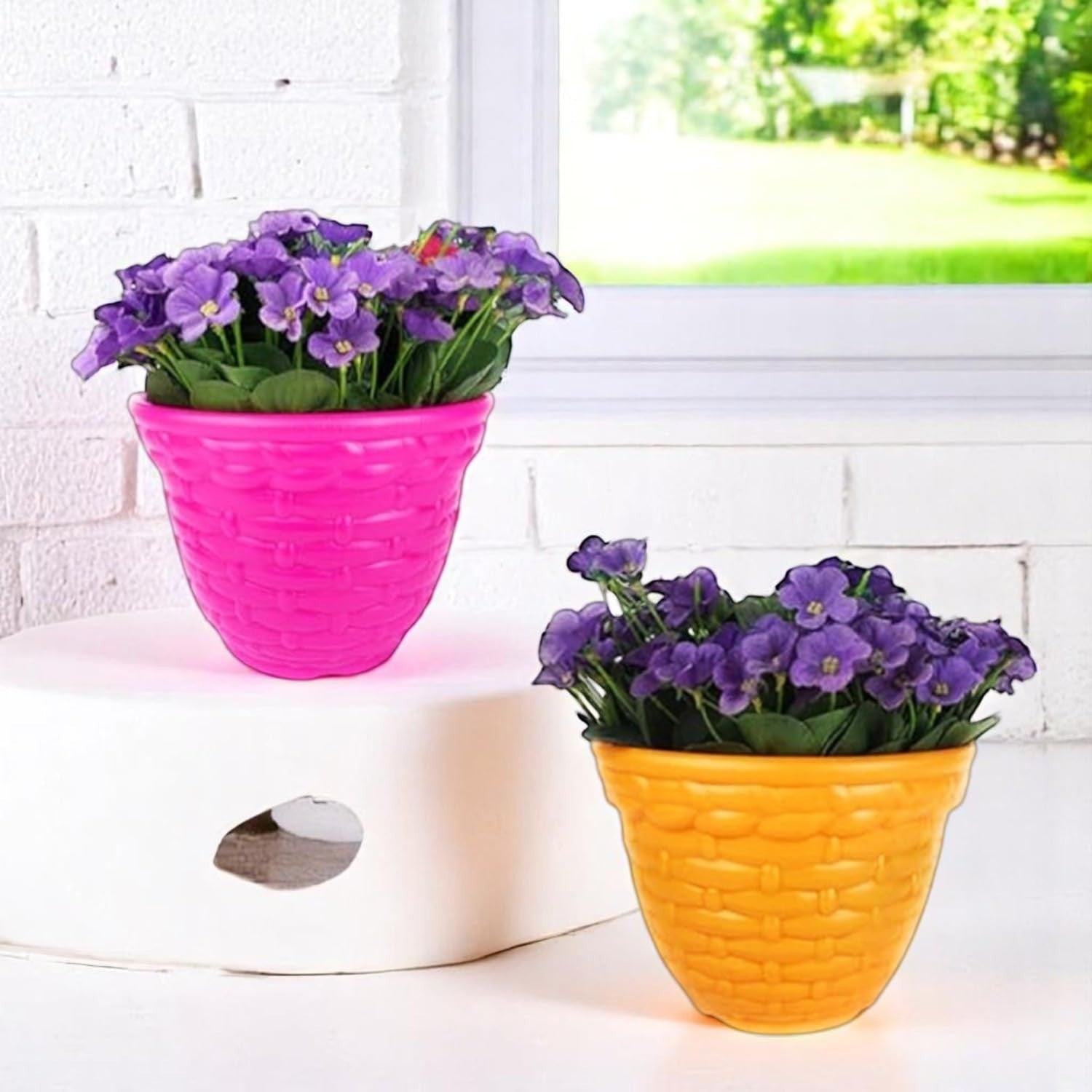 GoHooked set of 2 multicolor plastic planter pots with woven texture design, 8 inch size, perfect for indoor/outdoor plants.
