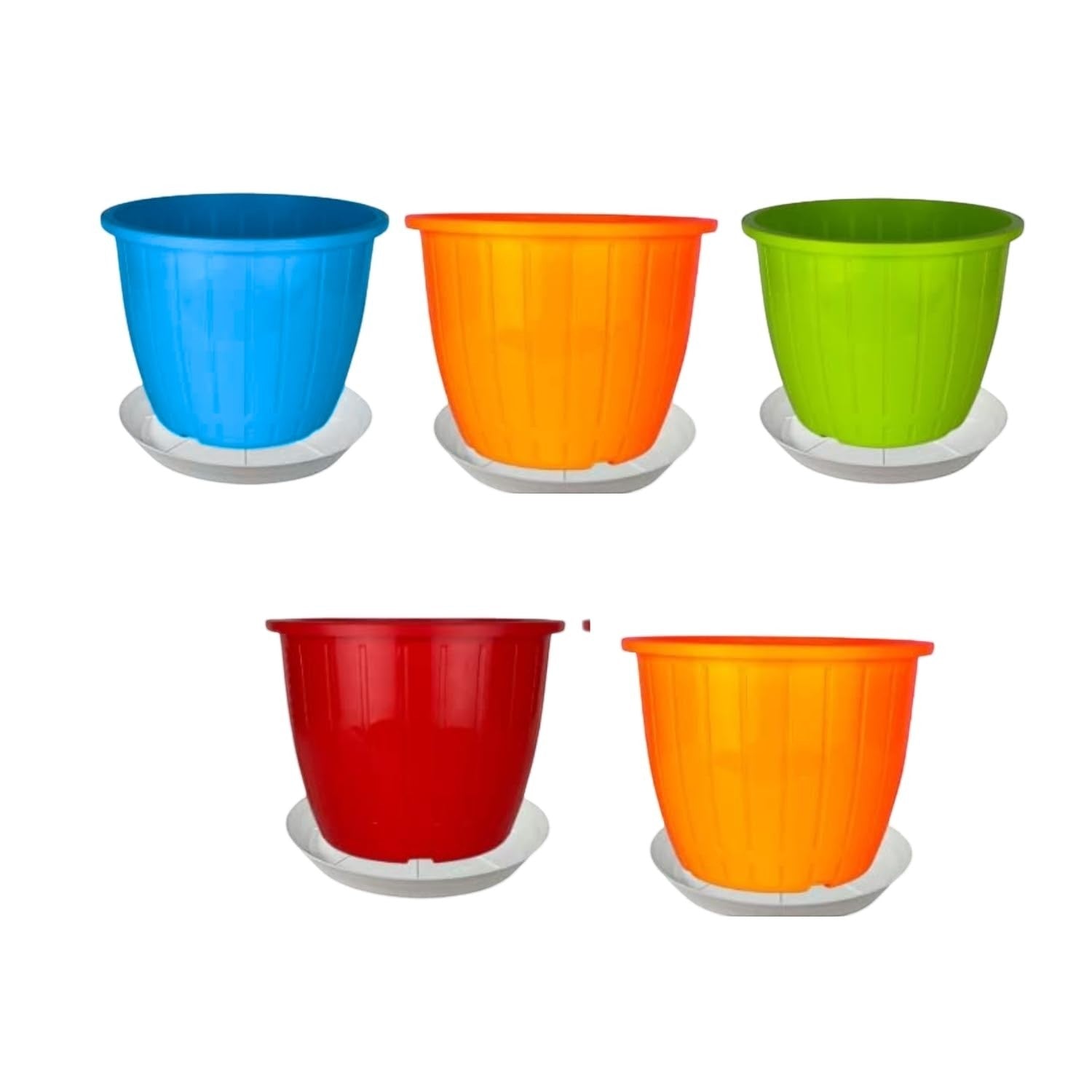 GoHooked set of 5 multicolor plastic planter pots with saucers, 8-inch size, modern ribbed design for indoor/outdoor use.