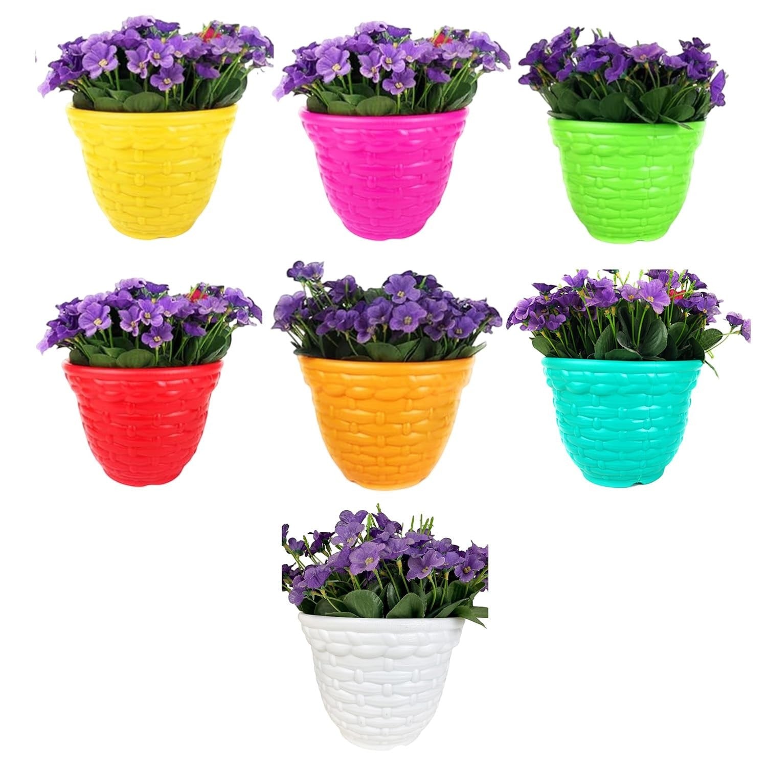 GoHooked set of 5 multicolor plastic planter pots with woven texture and purple flowers. 8-inch pots for indoor/outdoor use.