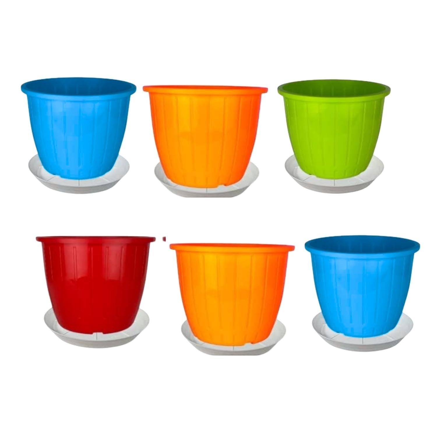 GoHooked set of 6 multicolor plastic planter pots with saucers, 8-inch size, for indoor/outdoor plants.