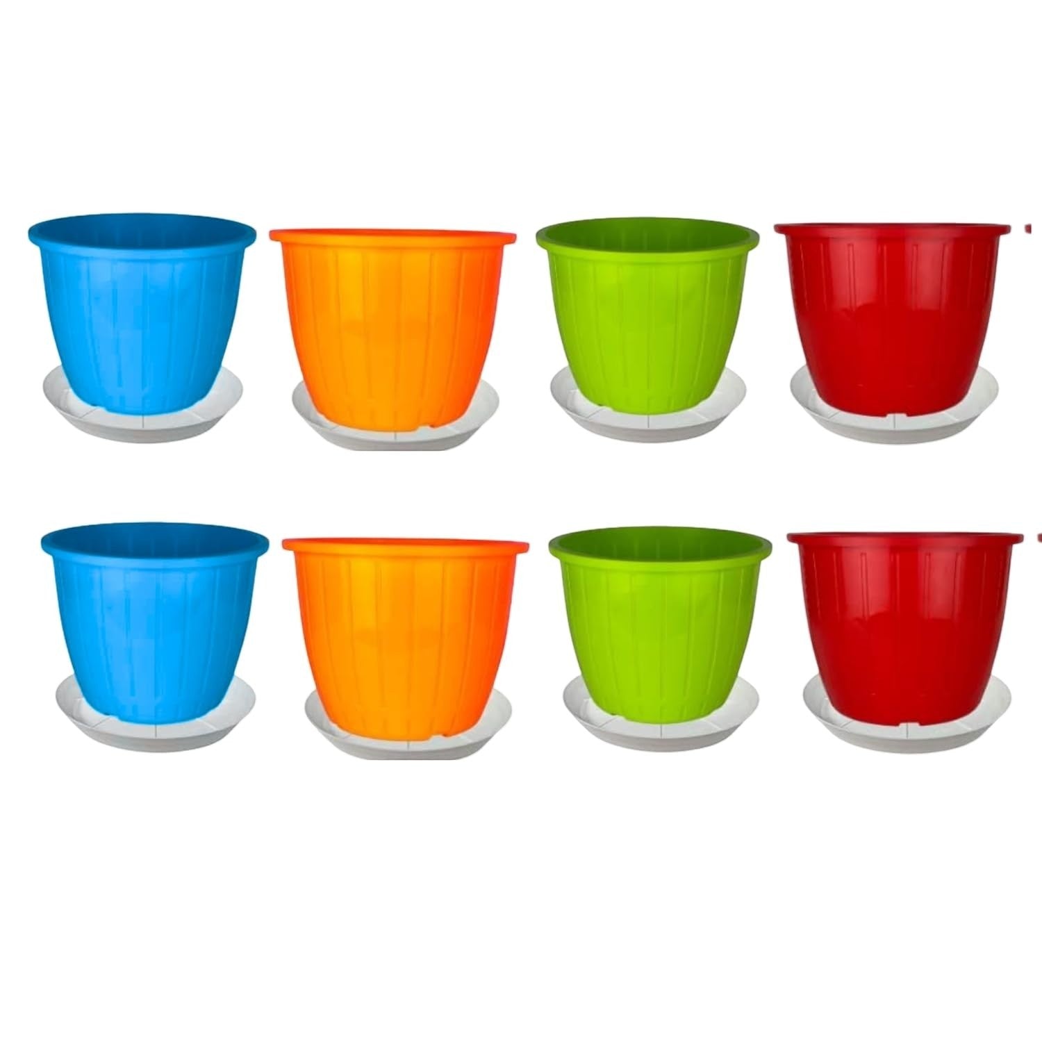 GoHooked set of 8 multicolor plastic planter pots with saucers, 8-inch size, modern design for indoor/outdoor plants.