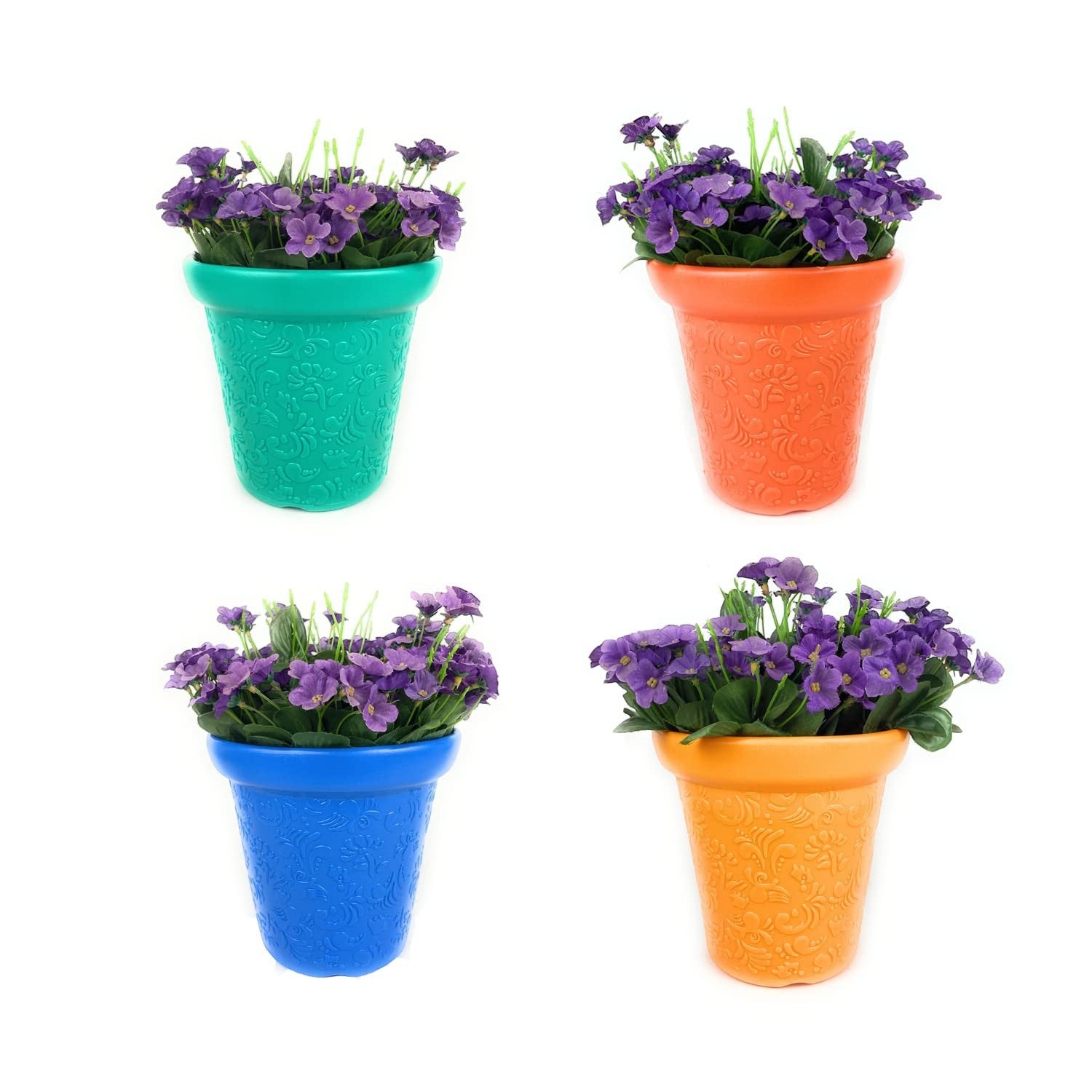 GoHooked set of 4 multicolor plastic planter pots with embossed floral design, 8-inch size, perfect for indoor/outdoor plants.