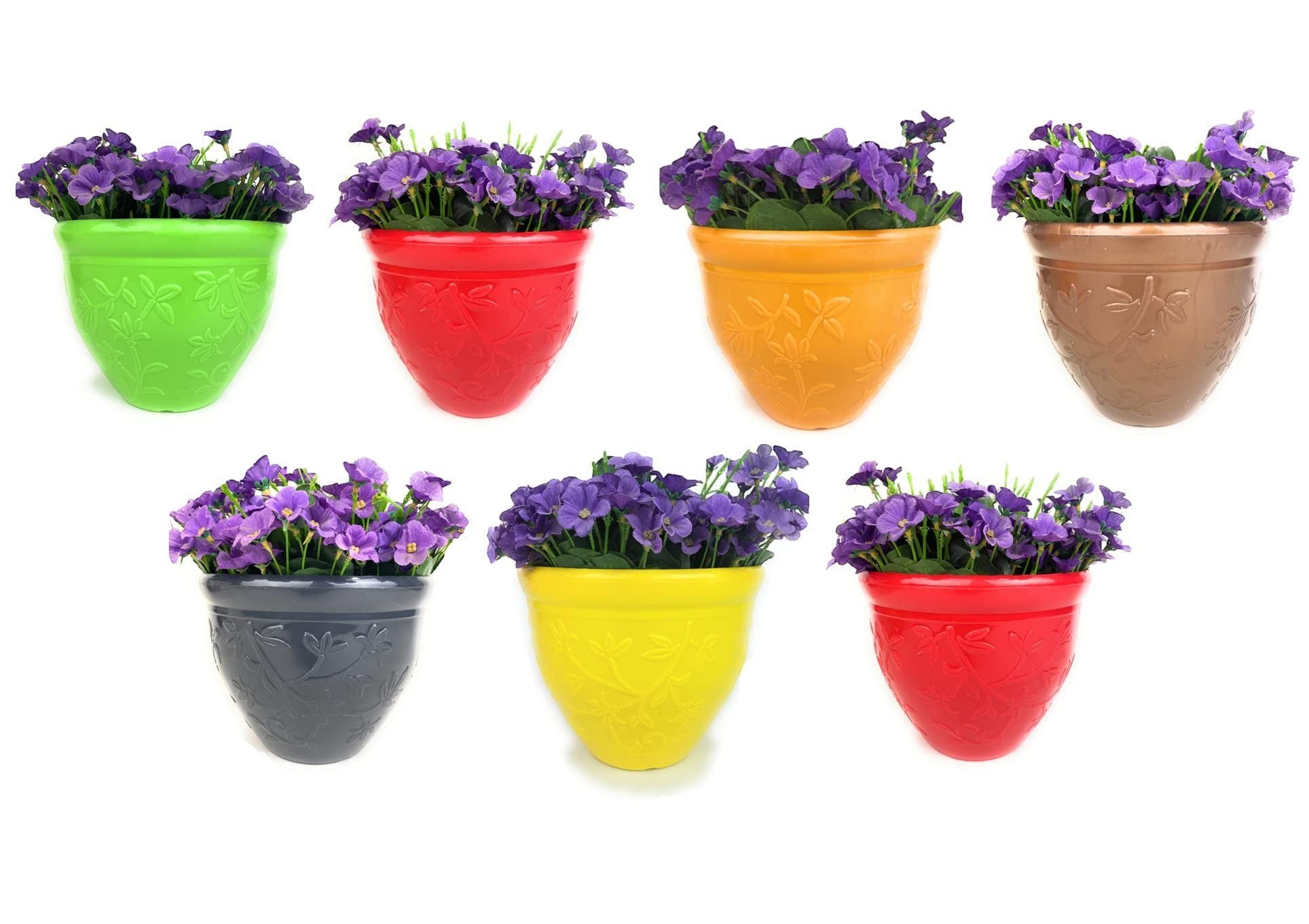 GoHooked set of 7 multicolor plastic planter pots with embossed floral design, 8-inch size, perfect for indoor/outdoor plants.